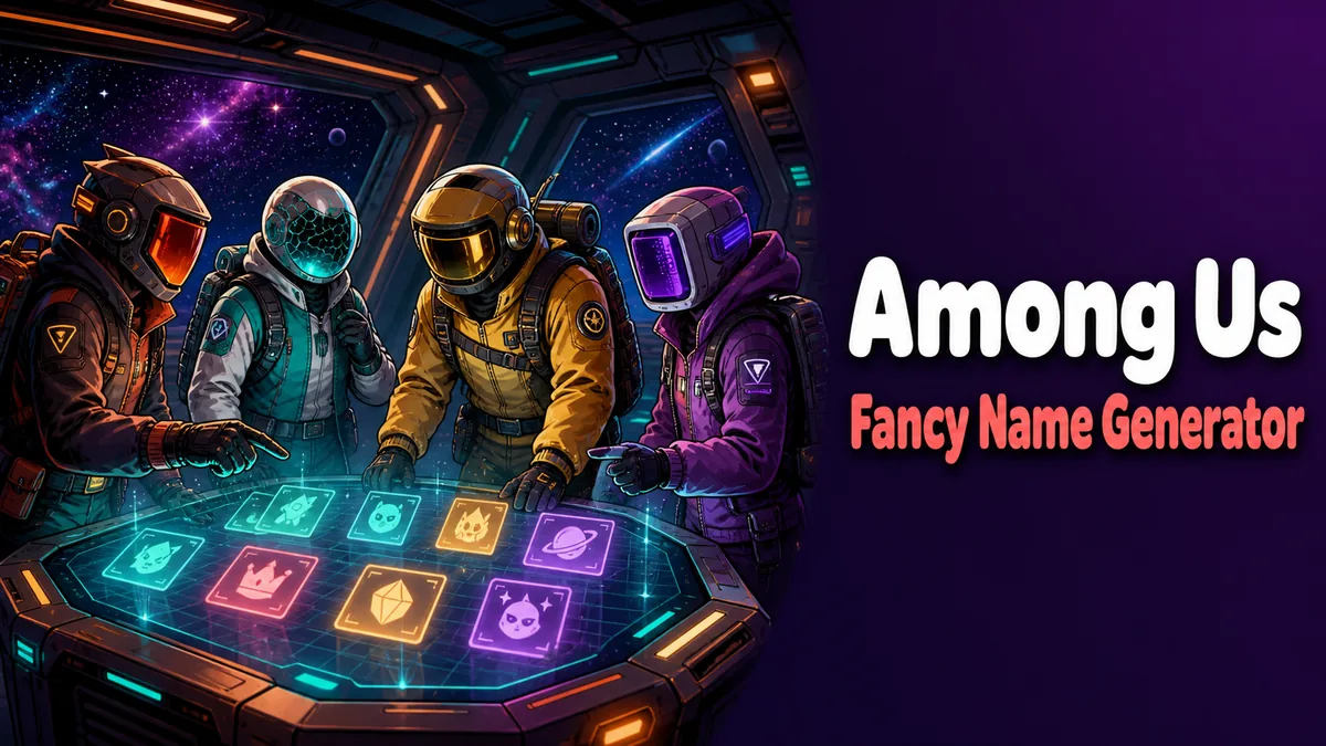 Original colorful spaceship crew lobby with compact name-card motifs for the Among Us Fancy Name Generator