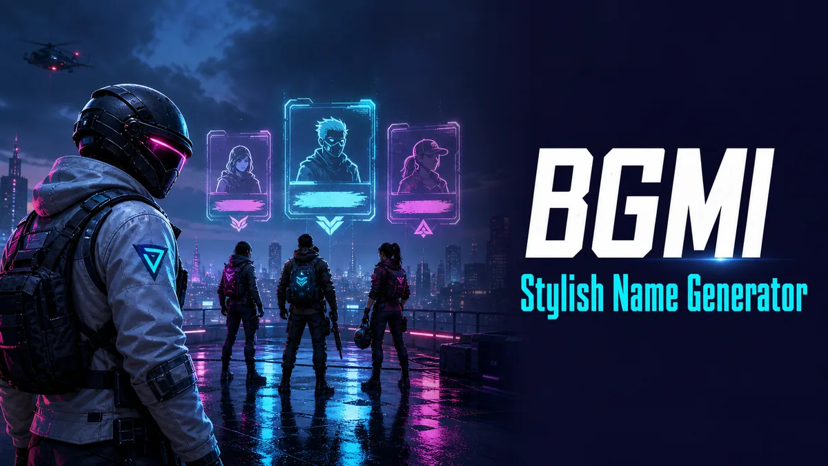 Original neon mobile squad staging area with a player silhouette and compact name-card motifs for the BGMI Stylish Name Generator