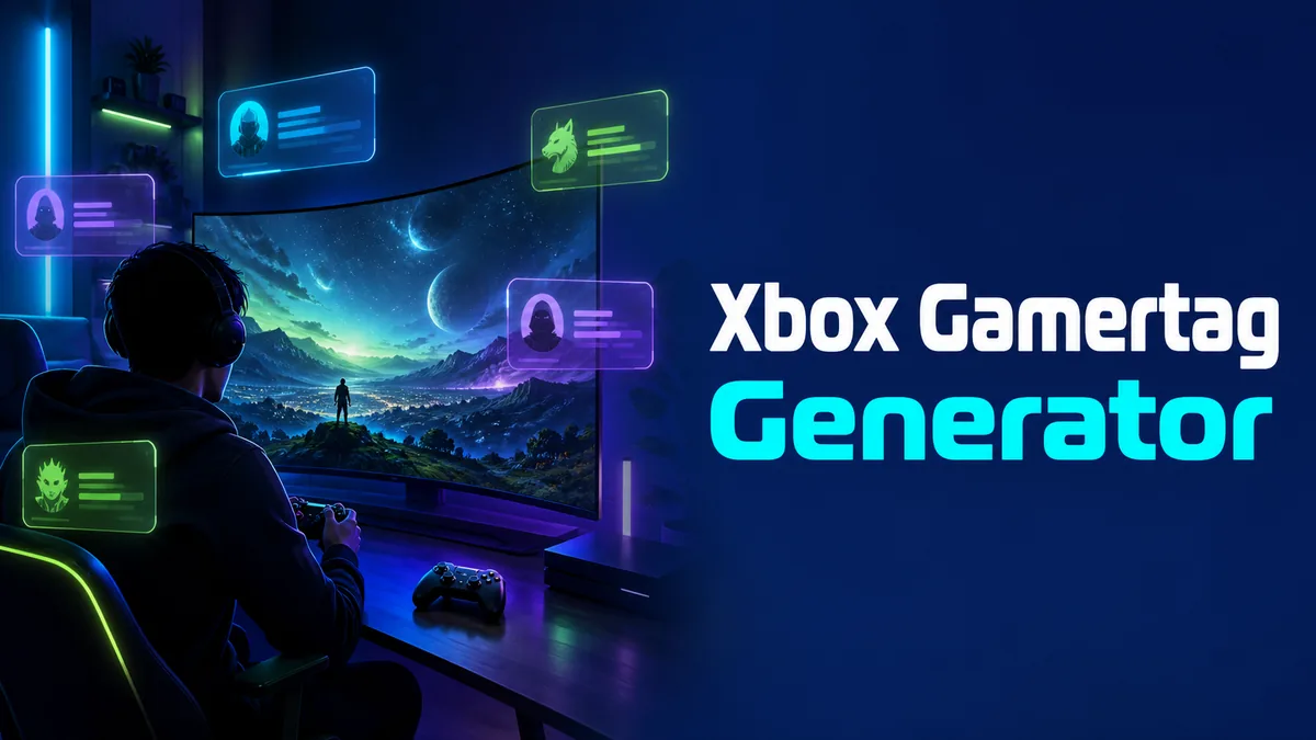Original console gaming lounge with glowing gamertag identity cards for the Cool Xbox Gamertag Generator