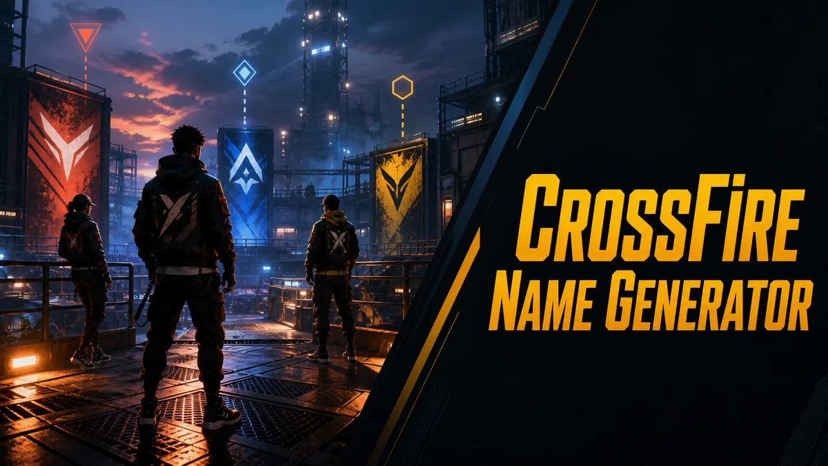 Original industrial competitive arena with player silhouettes and clan-tag panels for the CrossFire Name Generator