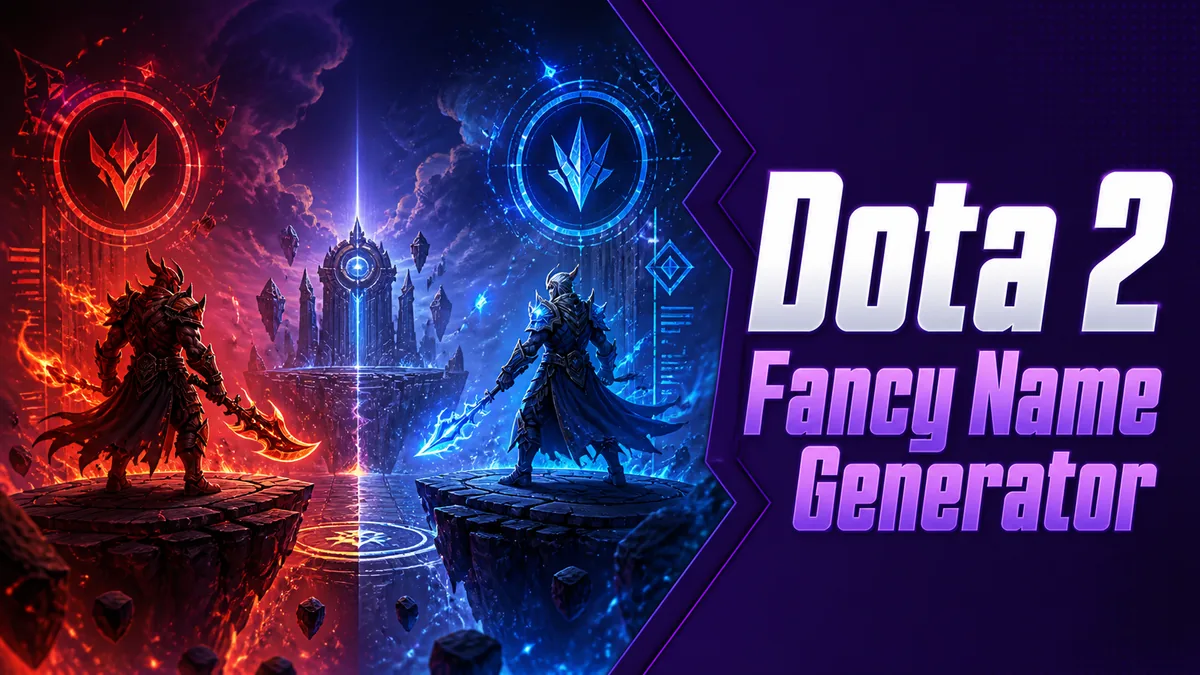 Original elemental arena with opposing red and blue energy and Steam name cards for the Dota 2 Fancy Name Generator