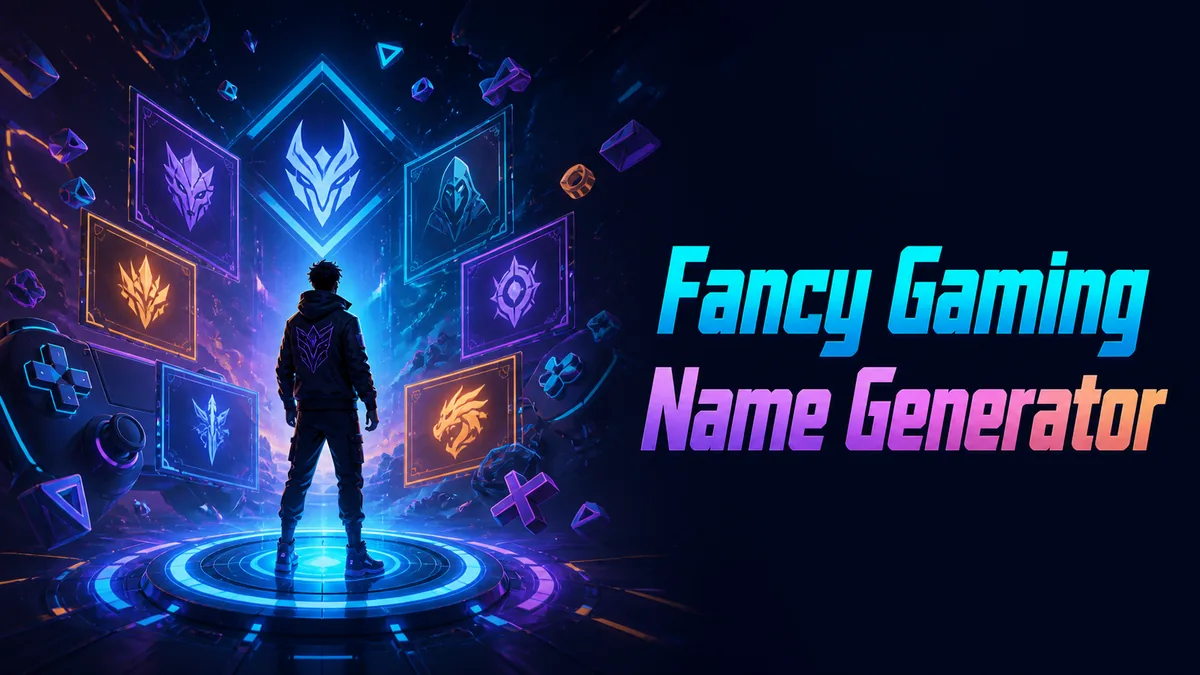 Original neon gaming hub with a player silhouette and floating name-card motifs for the Fancy Gaming Name Generator
