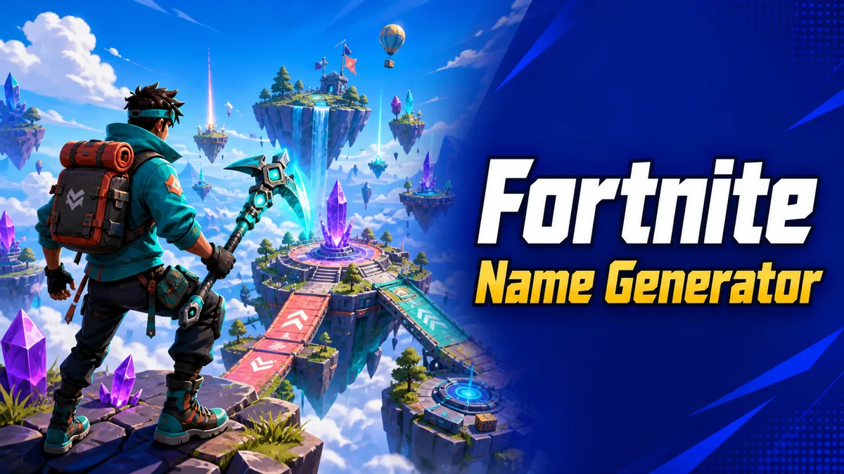 Original colorful floating-island arena with a stylized player silhouette and display-name cards for the Fortnite Name Generator