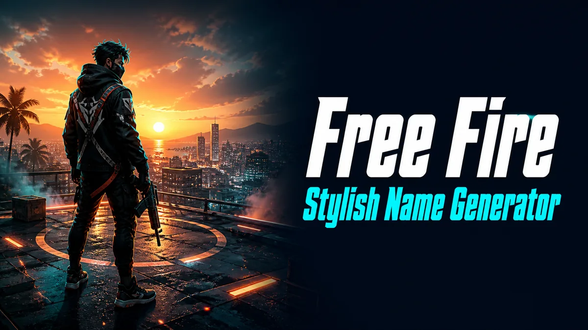 Original cinematic mobile battle royale scene with a player silhouette and neon name-card motifs for the Free Fire Stylish Name Generator