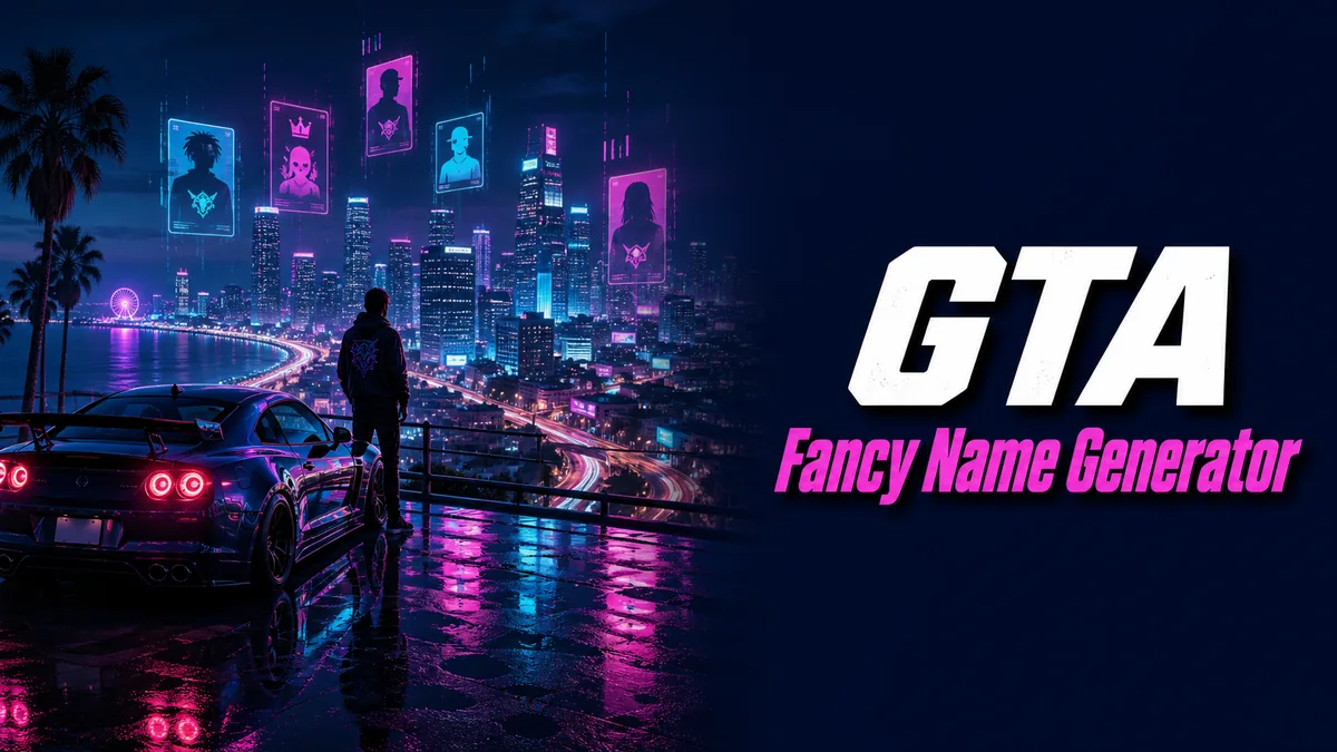 Original neon city rooftop with a driver silhouette and crew profile cards for the GTA Fancy Name Generator