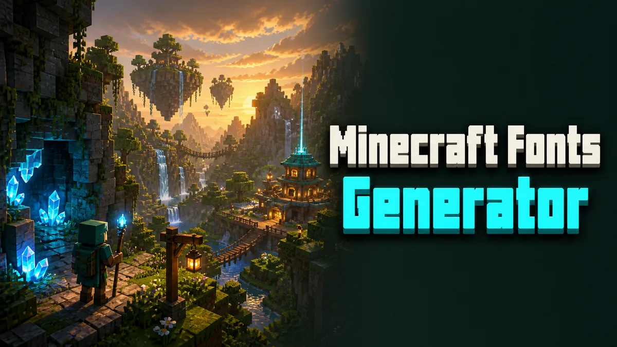 Original block-built valley with glowing sign panels and text-card motifs for the Minecraft Fonts Generator