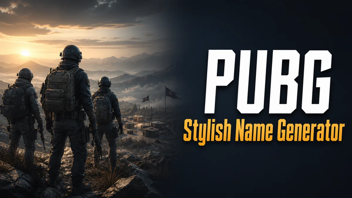 Original tactical squad landscape with a player silhouette and readable name-card motifs for the PUBG Stylish Name Generator