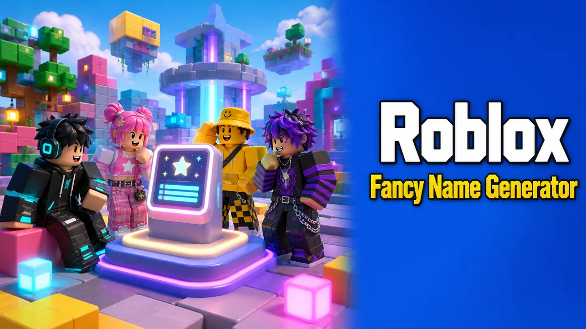 Original colorful creator hub with block-inspired avatars and display-name cards for the Roblox Fancy Name Generator