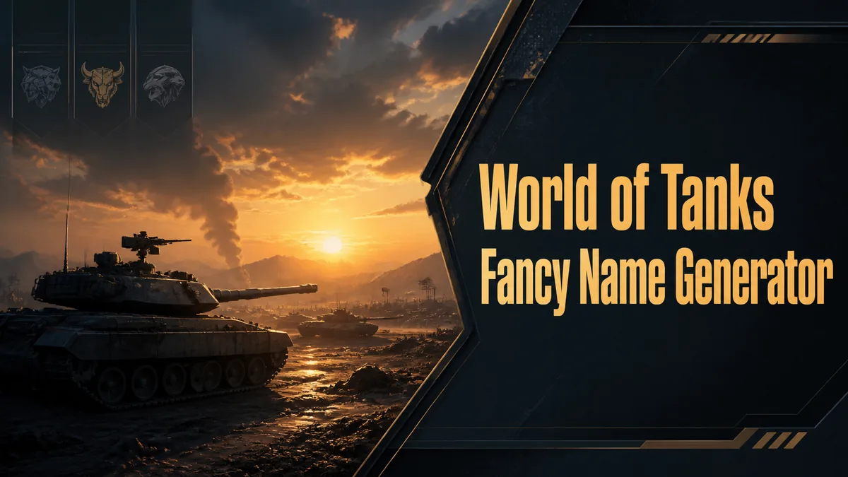 Original armored vehicle staging ground with a tank silhouette and clan identity panels for the World of Tanks Fancy Name Generator