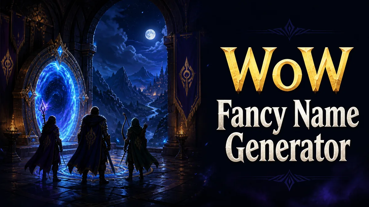Original moonlit fantasy guild hall with adventurer silhouettes and character-name panels for the WoW Fancy Name Generator