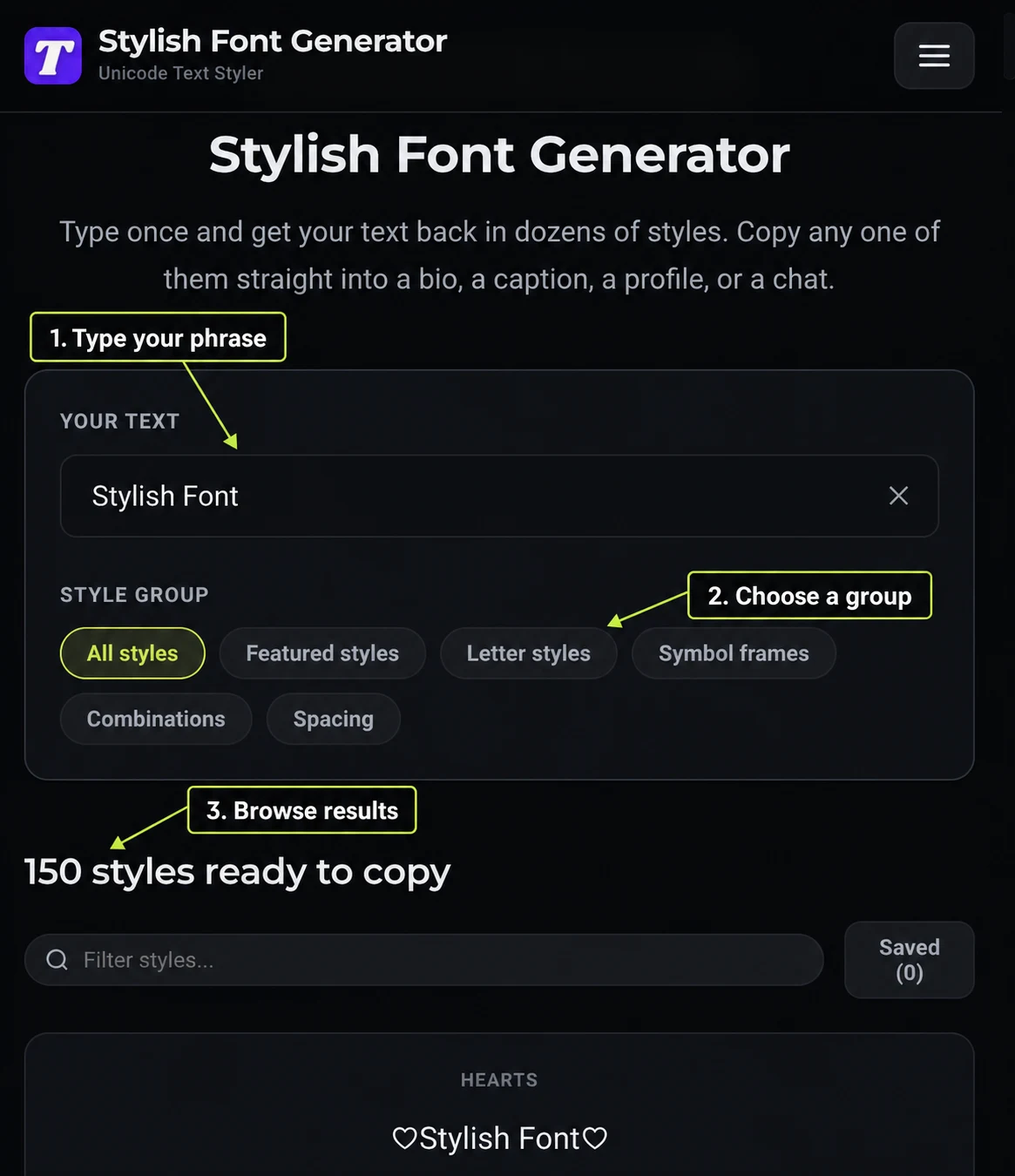 Mobile view of the Stylish Font Generator input field and style group controls