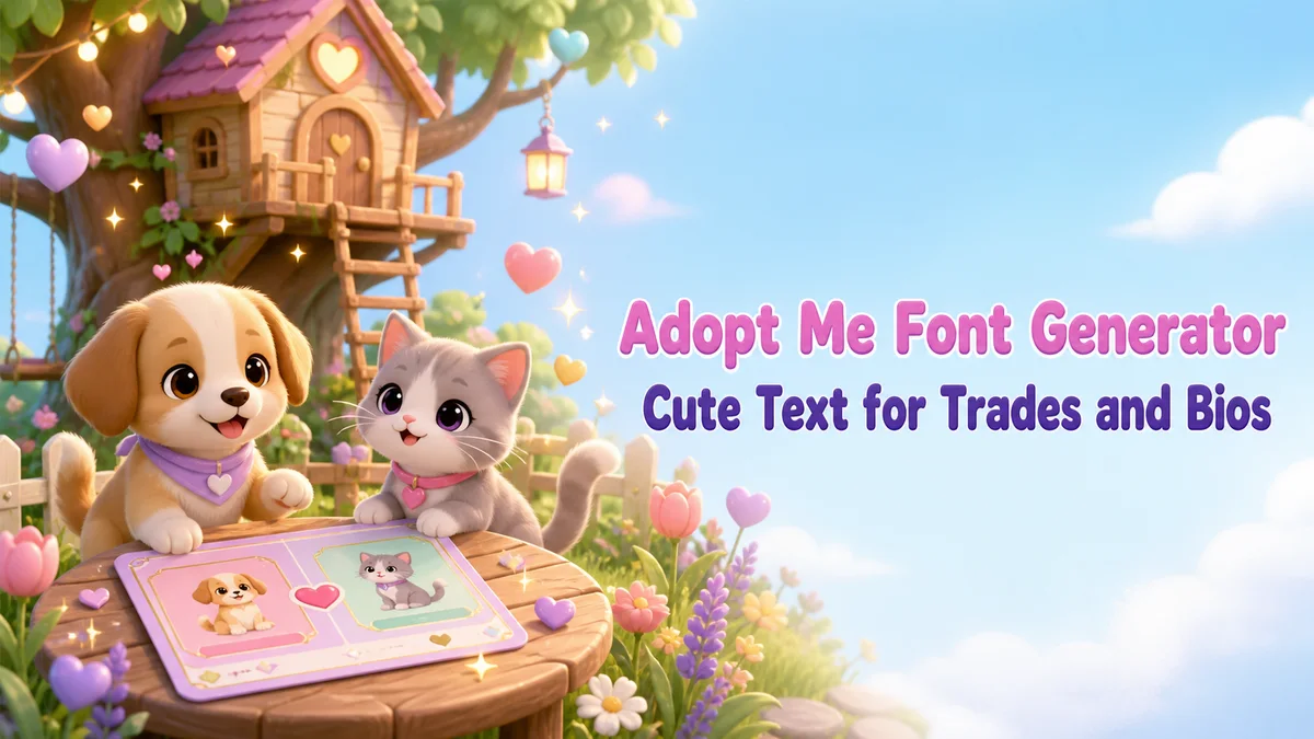 Original pastel pet-trading garden with cute generic pets and a typography card for the Adopt Me Font Generator