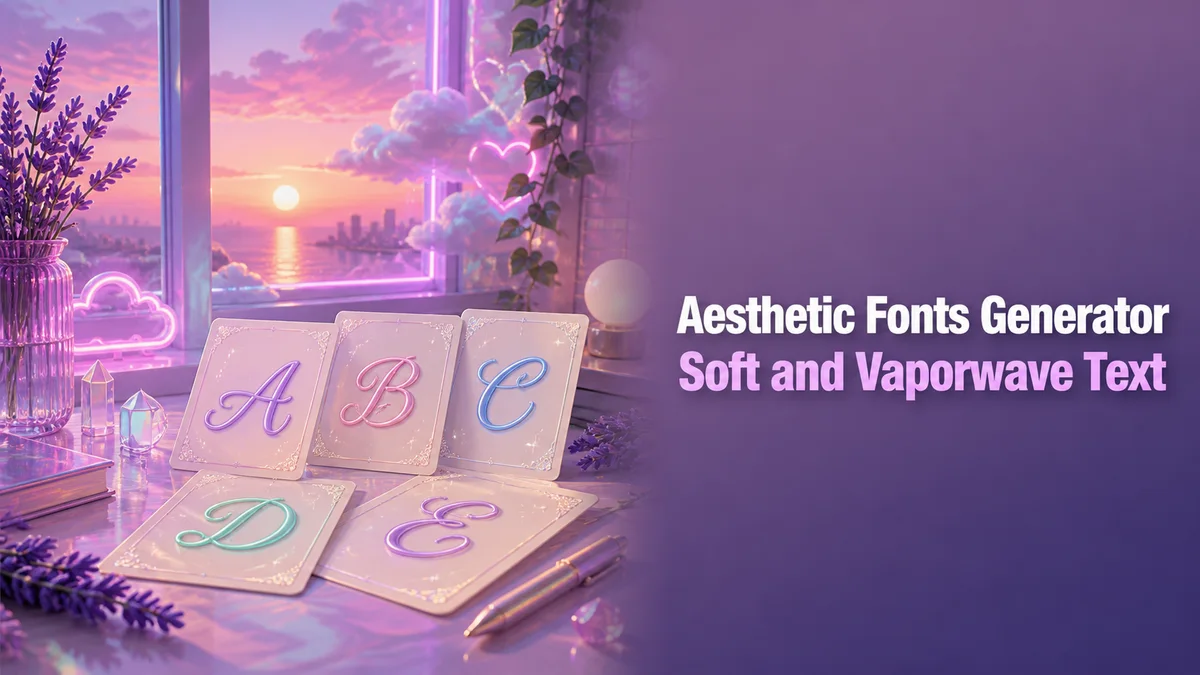 Original pastel vaporwave studio with soft cursive and sparkle text cards for the Aesthetic Fonts Generator