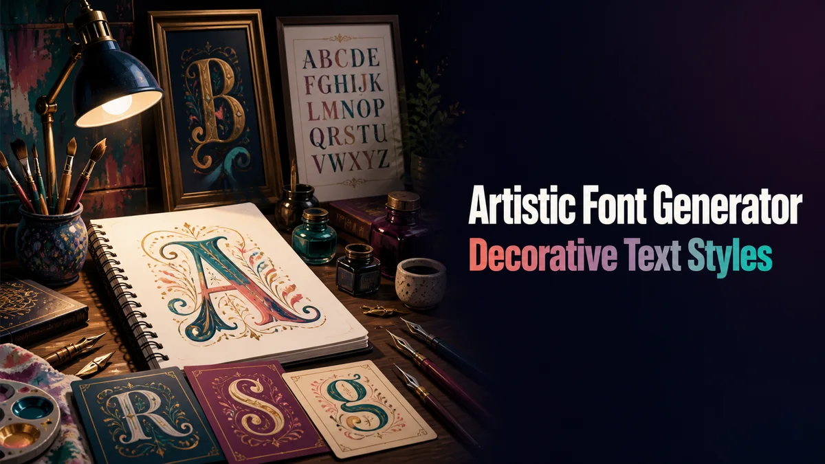 Original art studio with decorative lettering cards and calligraphic samples for the Artistic Font Generator
