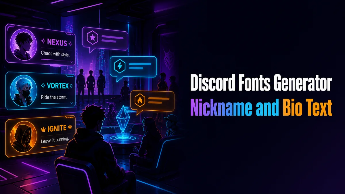 Original gaming community server scene with nickname and profile text cards for the Discord Fonts Generator