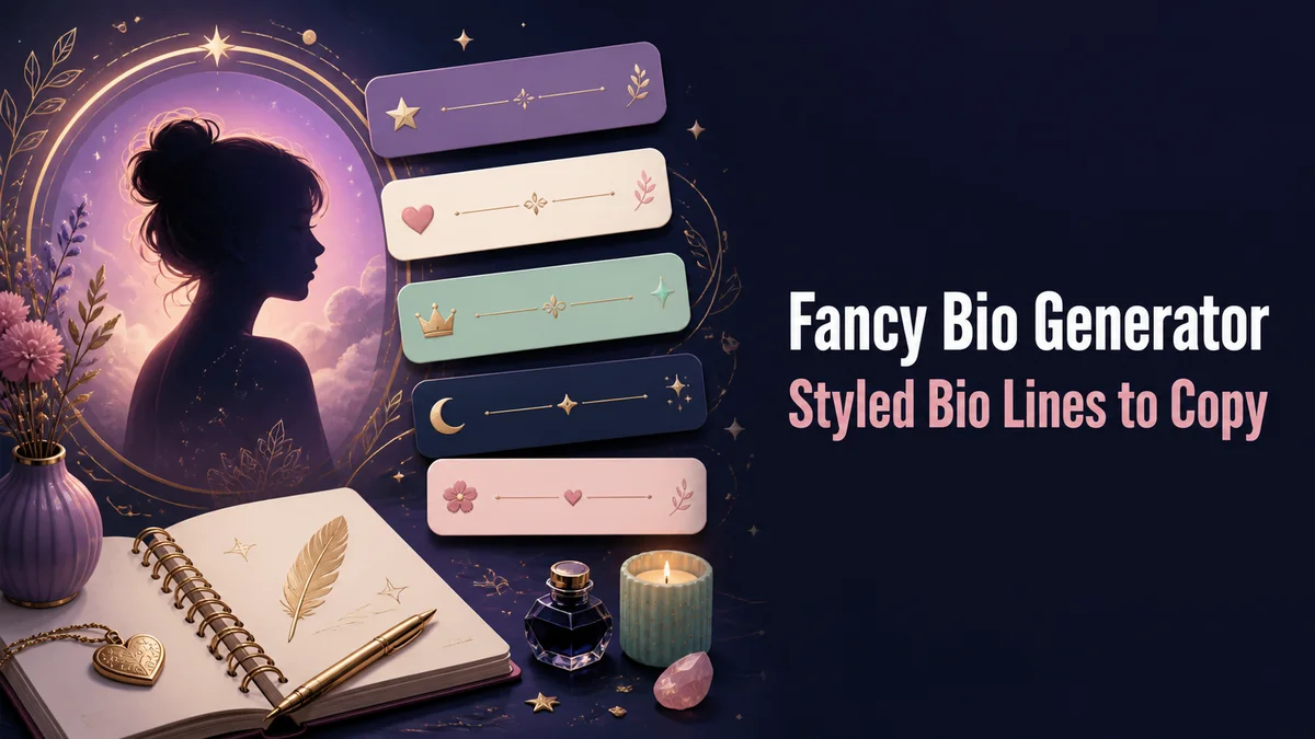 Original profile bio studio with short styled line cards and decorative dividers for the Fancy Bio Generator