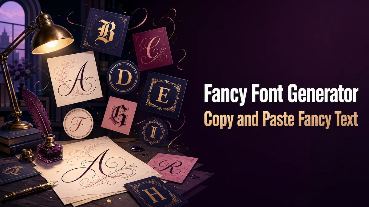 Original typography studio with decorative alphabet cards for the Fancy Font Generator