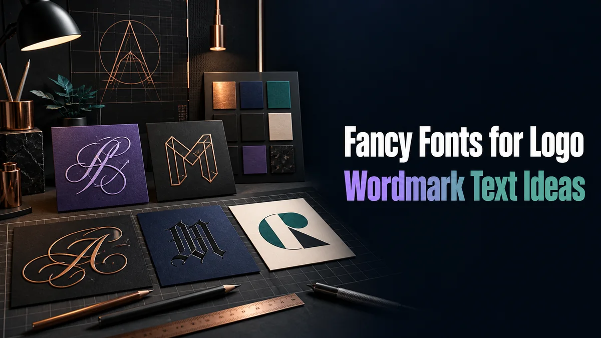 Original brand wordmark studio with script, gothic, outline, and logo concept cards for the Fancy Fonts for Logo tool