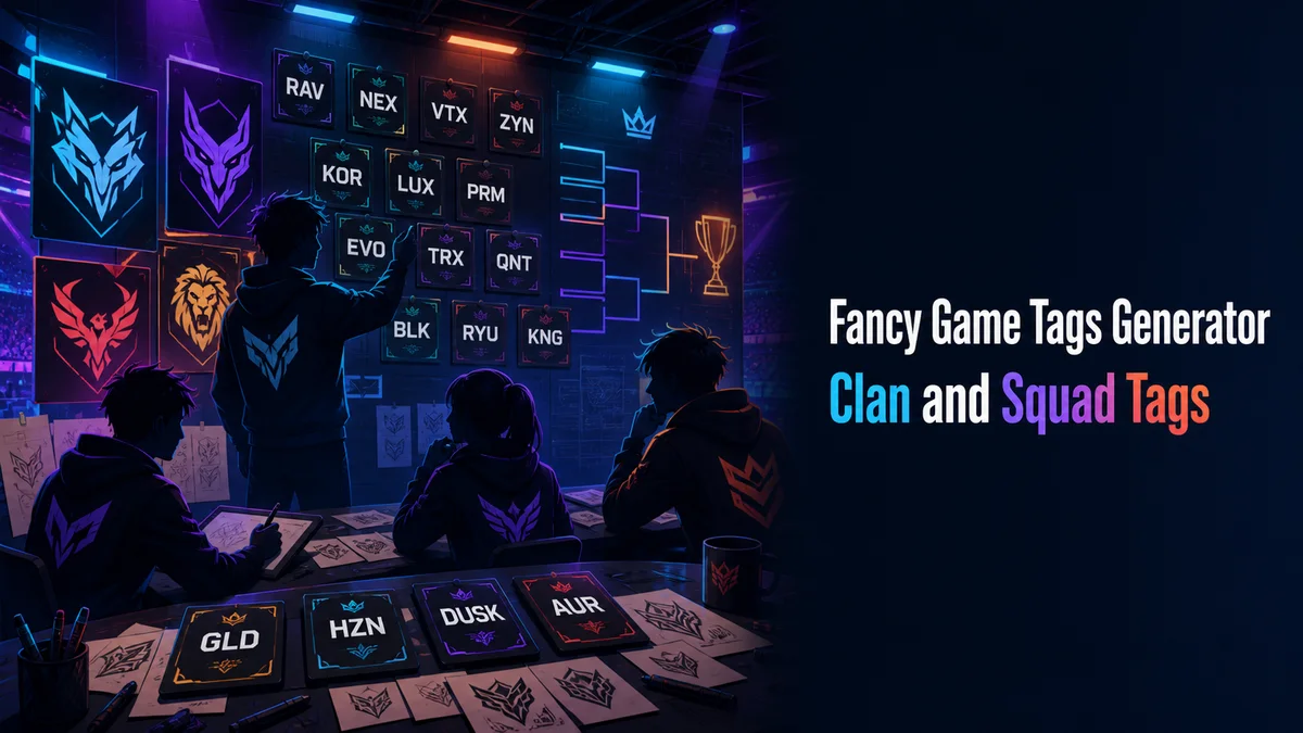 Original esports team workshop with compact clan tag cards and squad symbols for the Fancy Game Tags Generator