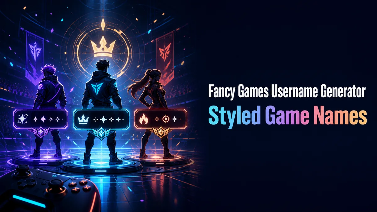 Original multiplayer game lobby with styled username cards and symbol frames for the Fancy Games Username Generator