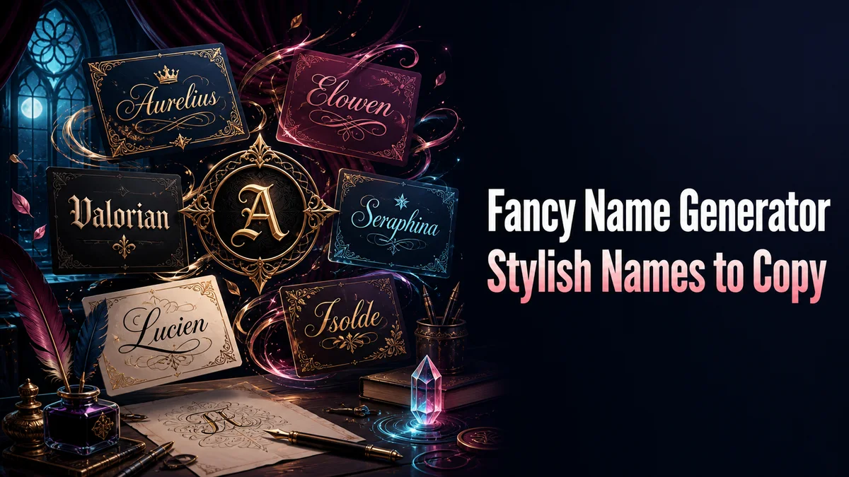 Original name-design studio with script, gothic, and symbol frame cards for the Fancy Name Generator