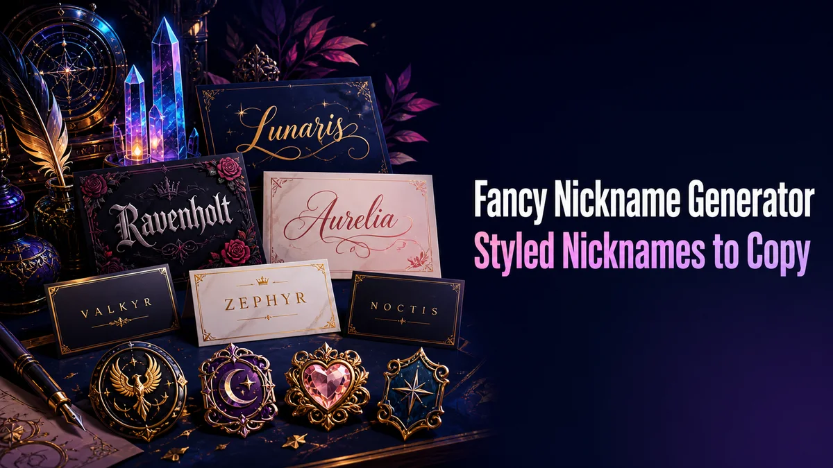 Original nickname design studio with short script, gothic, and symbol frame cards for the Fancy Nickname Generator