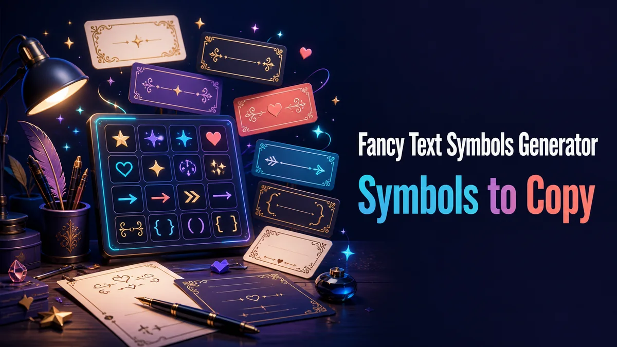 Original symbol design desk with stars, sparkles, hearts, arrows, and ornate frame cards for the Fancy Text Symbols Generator