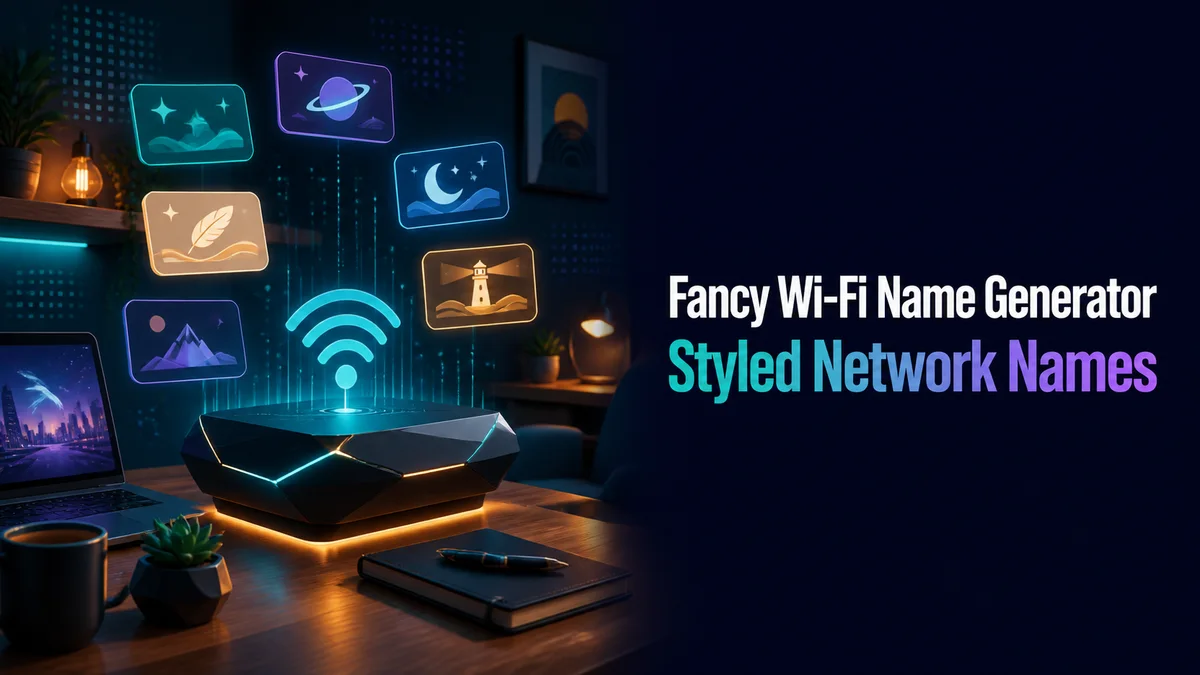 Original home network studio with router lights and styled Wi-Fi name cards for the Fancy Wi-Fi Name Generator