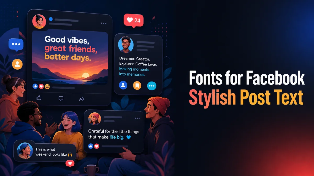 Original community feed design scene with readable post and bio text cards for the Fonts for Facebook tool