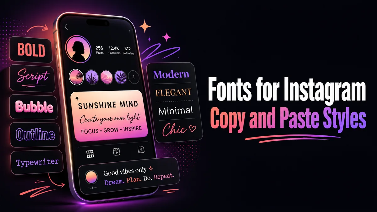 Original social profile design board with colorful copy-and-paste text cards for the Fonts for Instagram tool