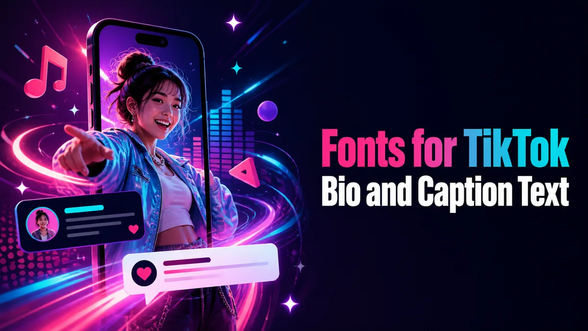 Original vertical-video creator scene with short bio and caption text cards for the Fonts for TikTok tool