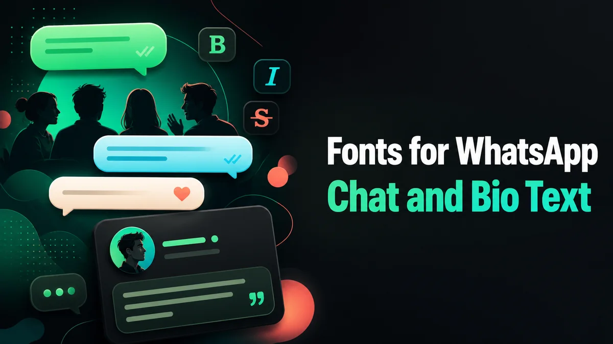 Original chat design scene with message bubbles and About text cards for the Fonts for WhatsApp tool