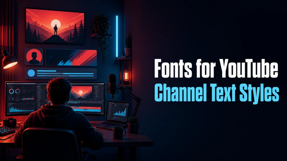 Original creator studio scene with channel, description, and comment text cards for the Fonts for YouTube tool