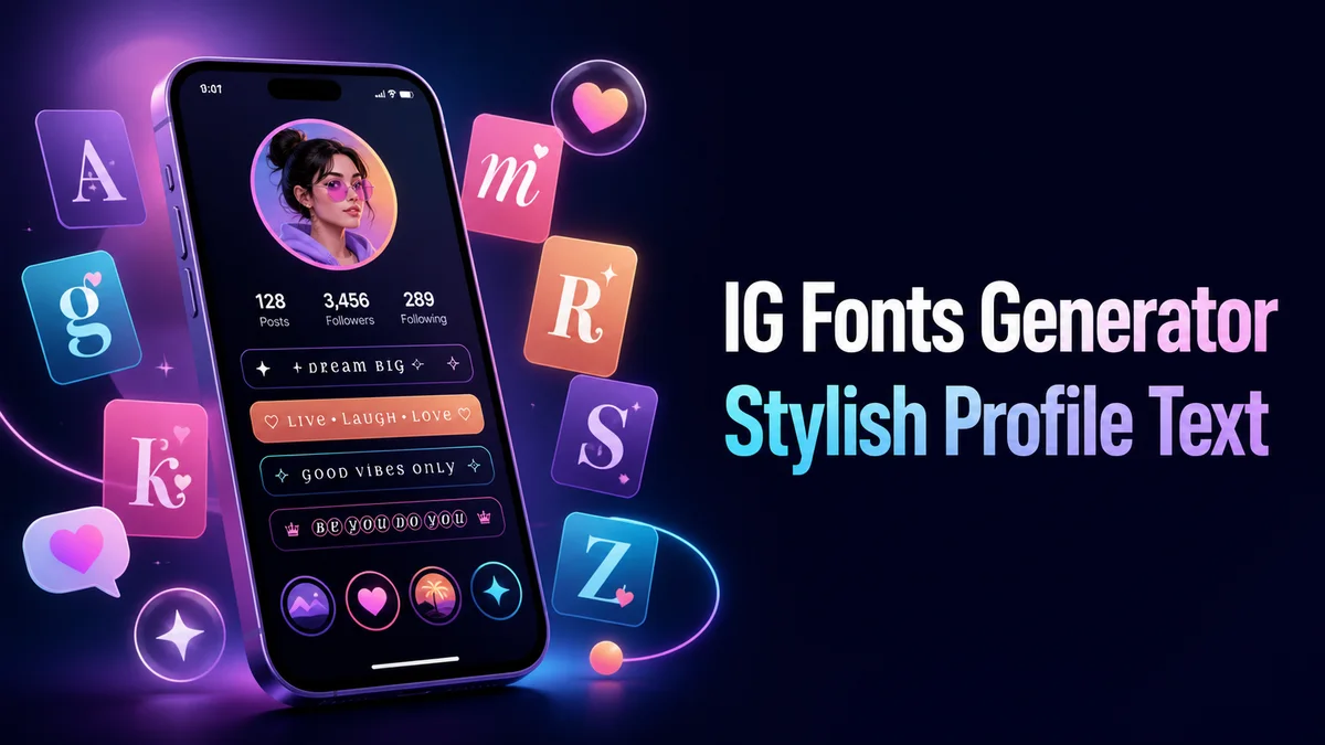 Original mobile profile design scene with colorful Unicode-style text cards for the IG Fonts Generator