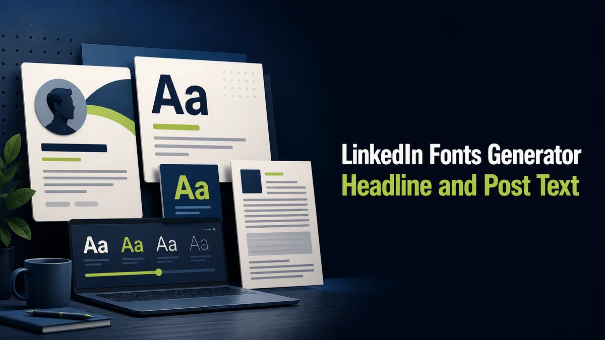 Original professional publishing scene with headline and post text cards for the LinkedIn Fonts Generator