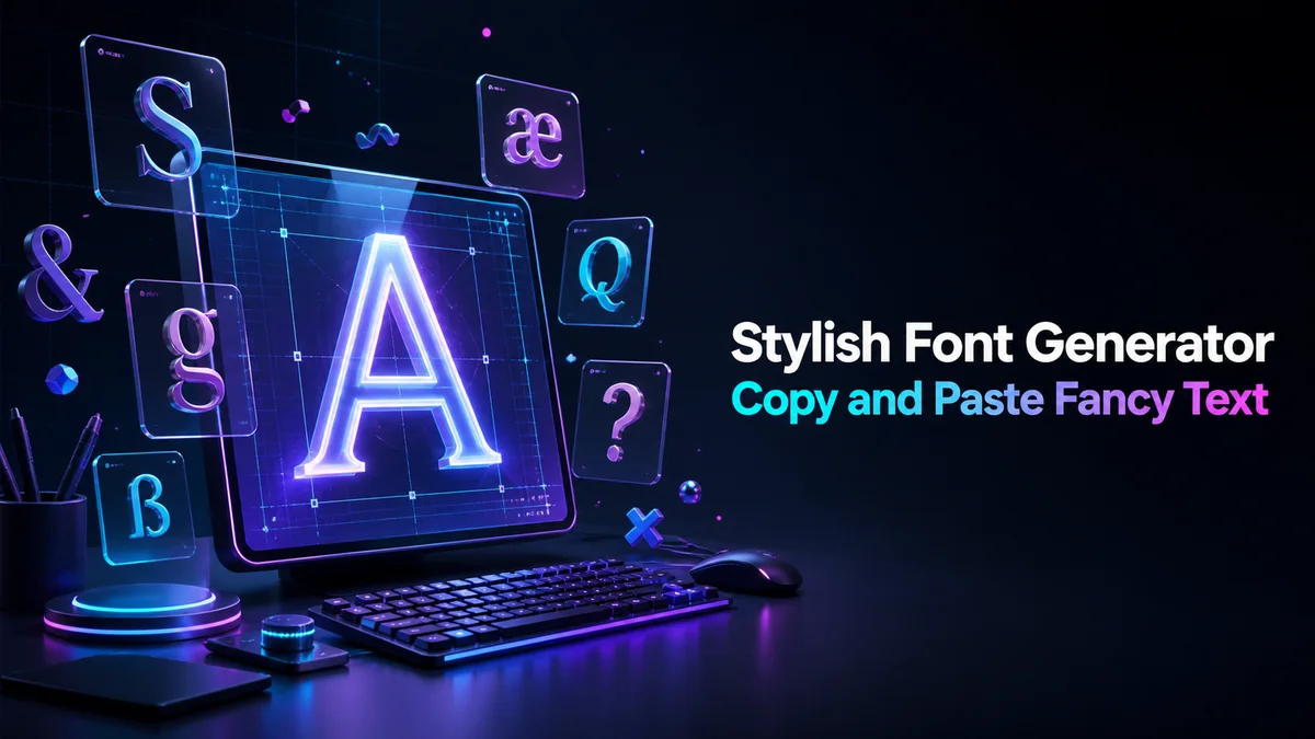 Original neon typography studio with glowing Unicode character cards for the Stylish Font Generator