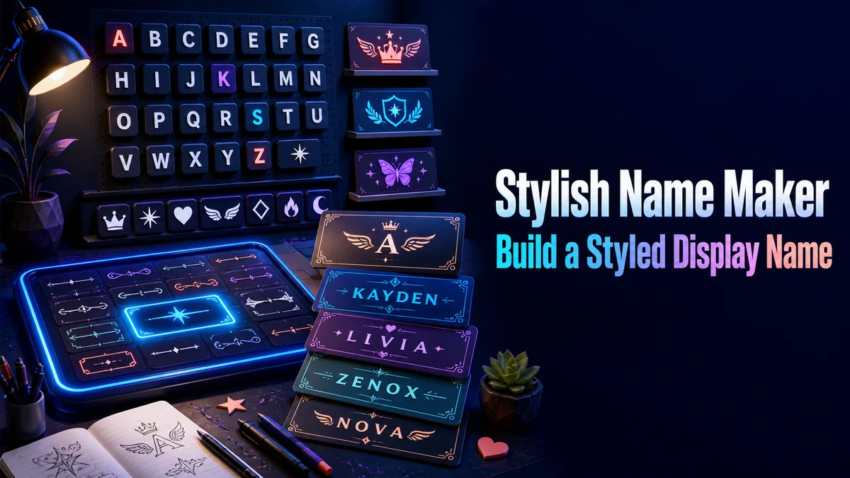 Original display-name workshop with letter styles and symbol frame cards for the Stylish Name Maker