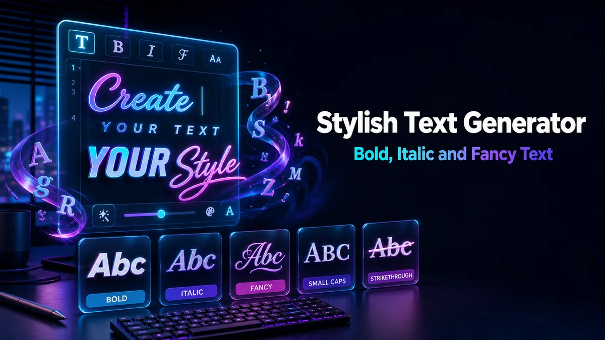 Original neon text editor scene with styled letter cards for the Stylish Text Generator