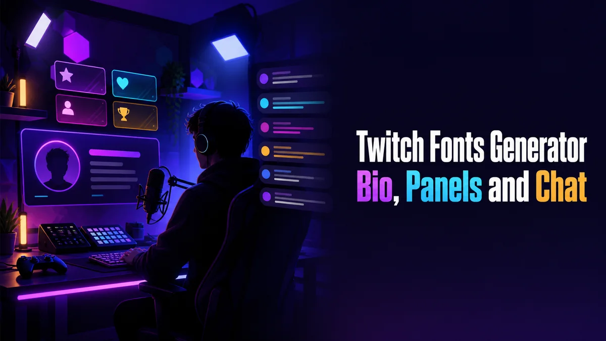 Original live-stream creator studio with panel, bio, and chat text cards for the Twitch Fonts Generator