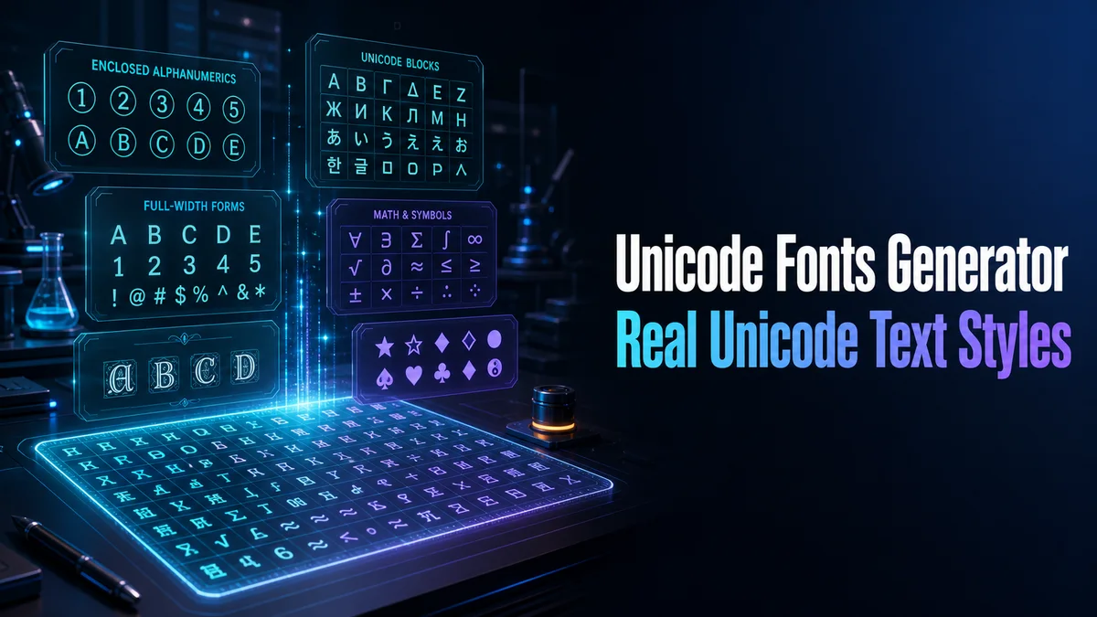 Original technical typography lab with Unicode block cards and text samples for the Unicode Fonts Generator
